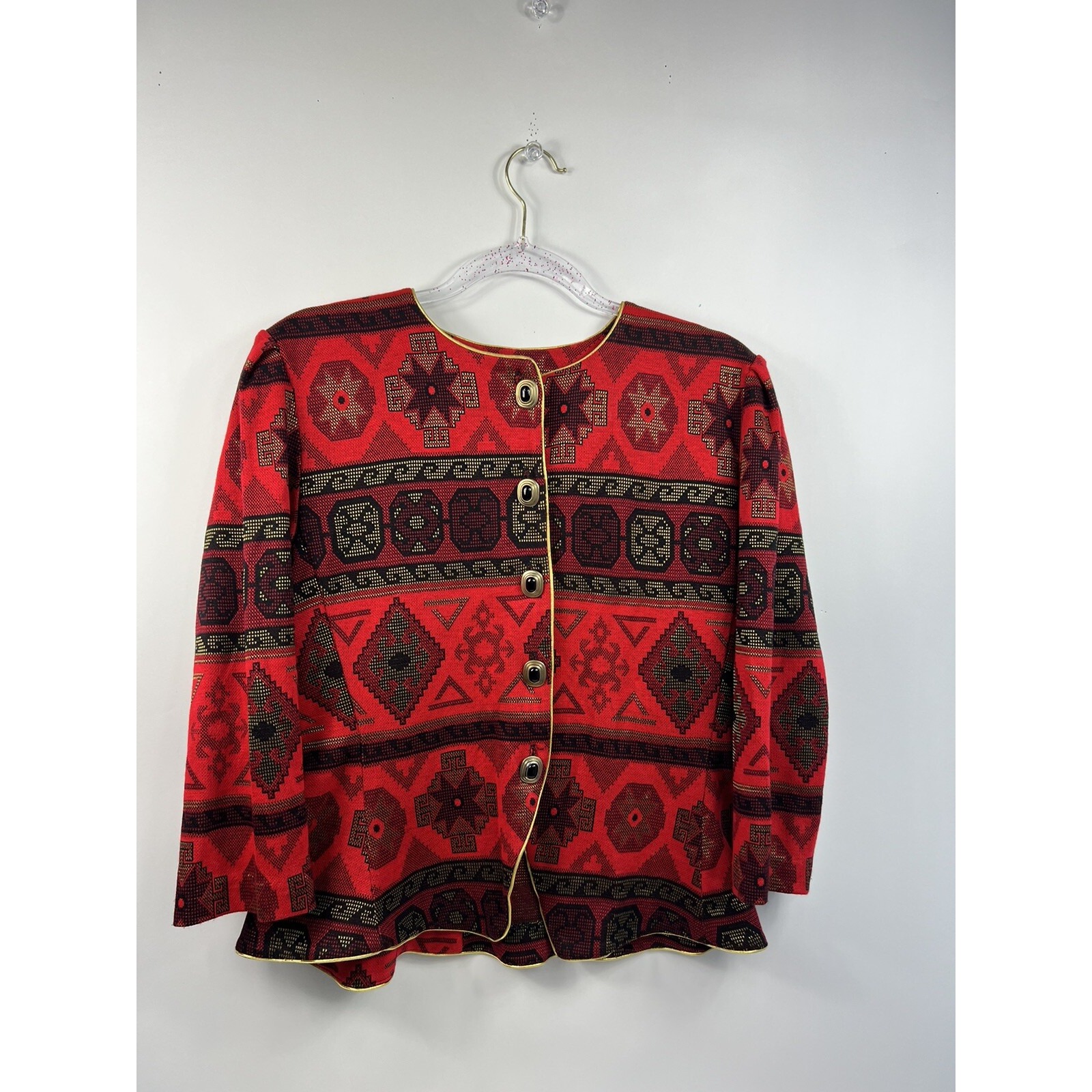 Vintage Tina Barrie Petites Jacket Womens Sz 12 Black/Red/Gold Button 3/4 Sleeve